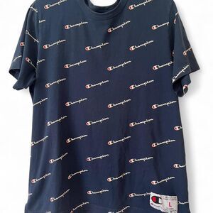 Champion Logo Premium All Over Print Streetwear Navy Blue Tee Size Large